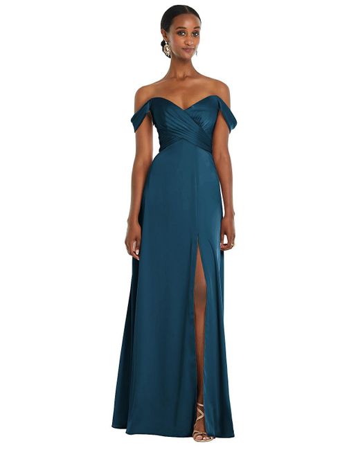 Dessy Collection Blue Off-the-shoulder Flounce Sleeve Empire Waist Gown With Front Slit