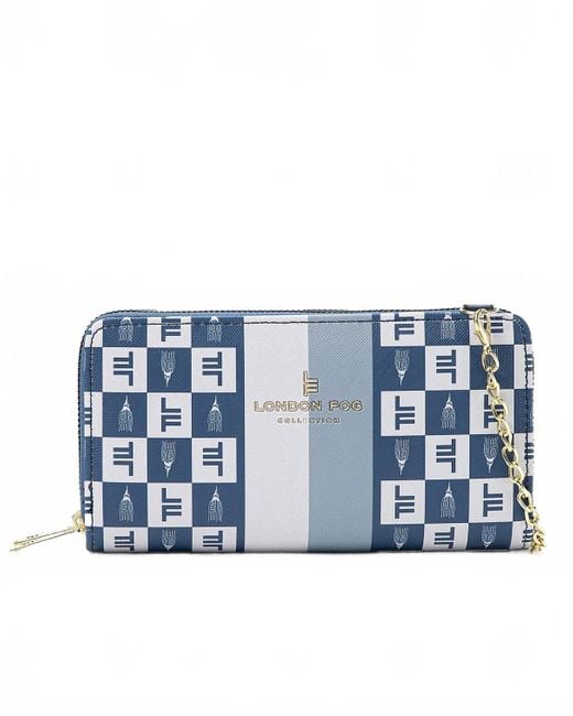 London Fog Blue Diana Signature Double Zip Crossbody Bag And Wallet Combo