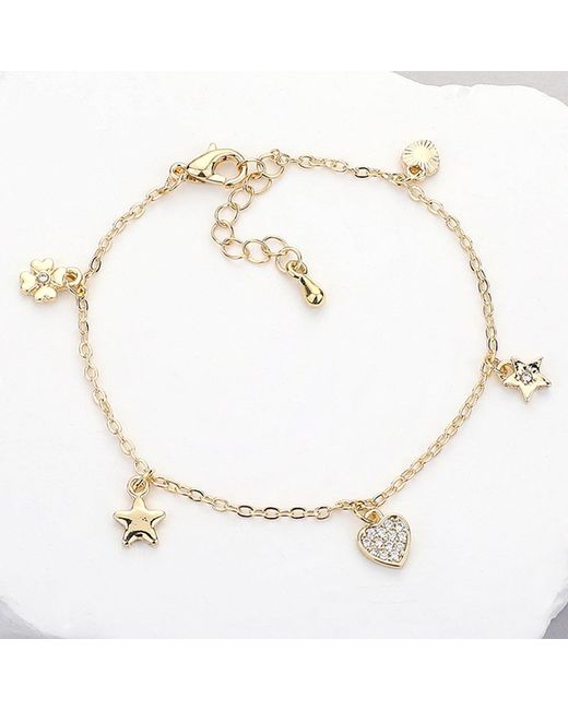 Fashnzfab Metallic Stone Paved Clover Heart Star Charm Station Bracelet Clear