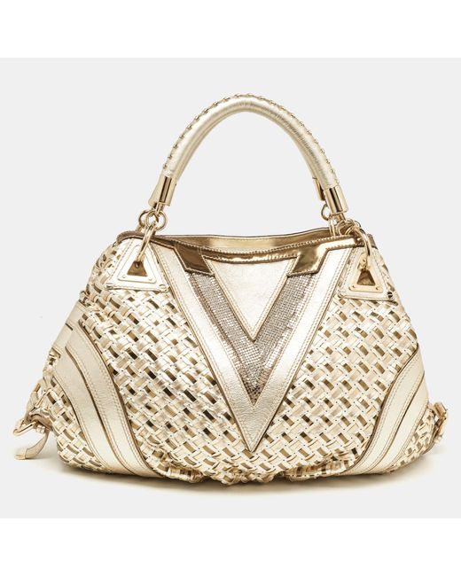 Versace Natural Woven Leather V Crystals Bag