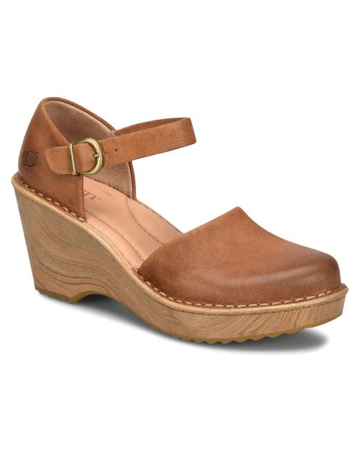 Born Brown Nellie Leather Ankle Strap Wedge Heels