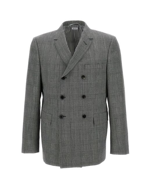 Thom Browne Gray Double-Breasted Houndstooth Wool Blazer for men
