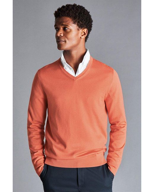 Charles Tyrwhitt Orange Pure Merino Wool V Neck Jumper for men