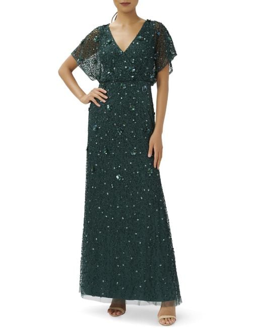 Adrianna Papell Green Beaded Maxi Evening Dress