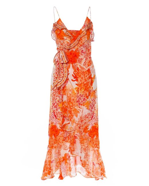 Camilla Orange Frilled Wrap Midi Dress