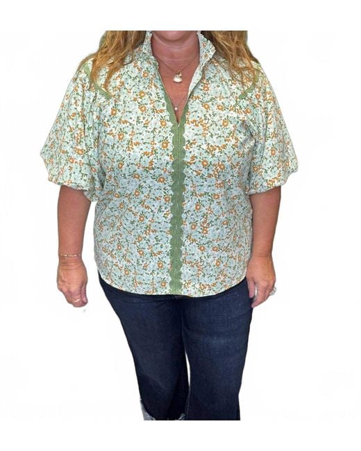 Umgee Green Field Of Flowers V-Neck Blouse