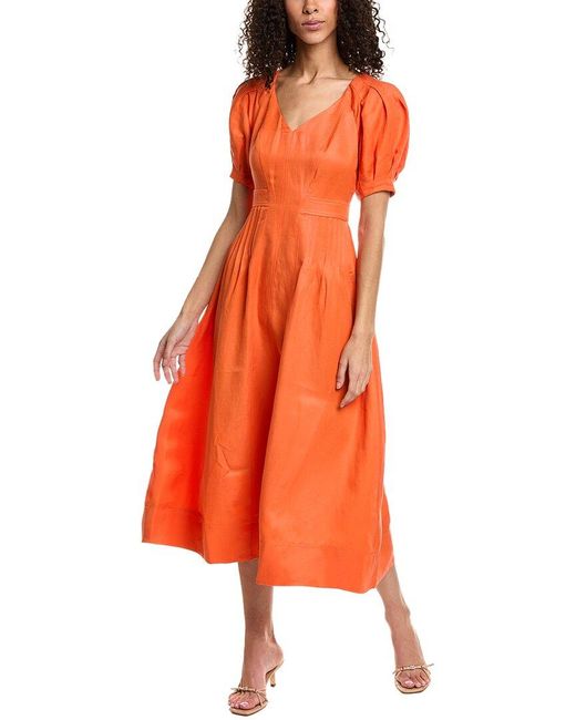 Ted Baker Orange Fit & Flare Puff Sleeve Linen-blend Midi Dress