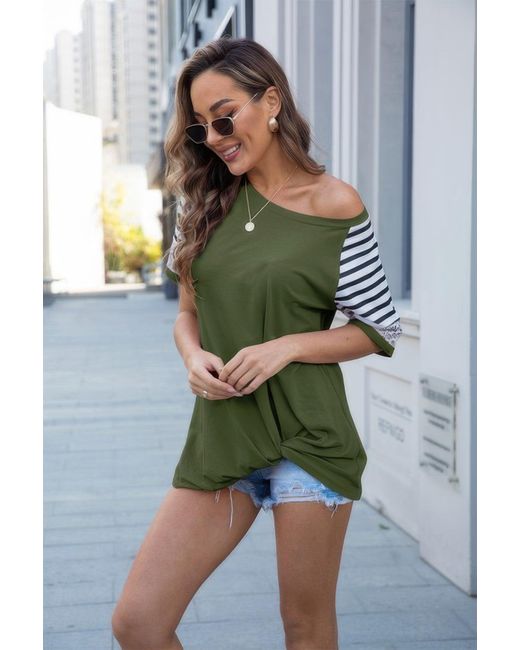 TRUEDAMES Green Fashnzfab Round Neck Twist Front Color Block Shirt