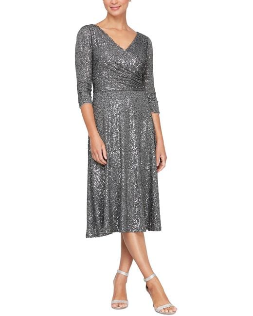 Alex Evenings Gray Petites Mesh Embellished Cocktail And Party Dress