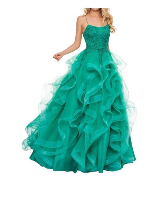 Rachel Allan Blue Scoop Neck Ruffled A-Line Gown