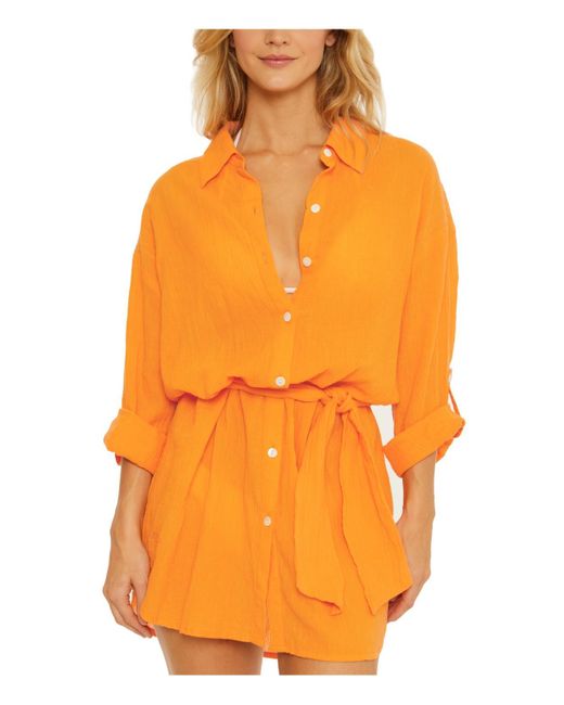Becca Orange Gauzy Mini Shirtdress