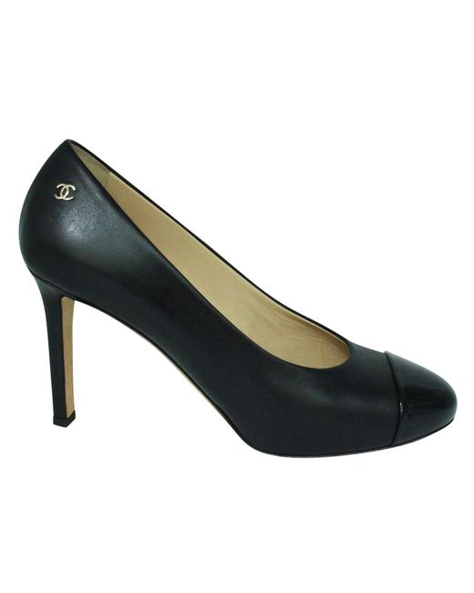 Chanel Blue Classic Black Heels With Patent Leather Toes And Cc On Sides