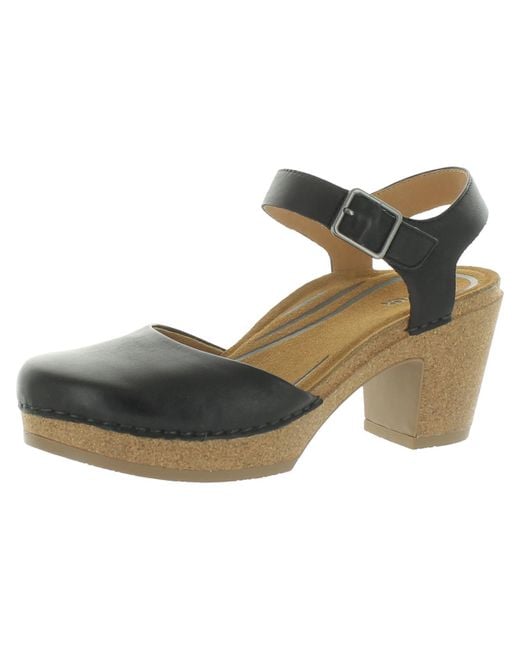 Aetrex Black Finley Leather Ankle Strap Clogs
