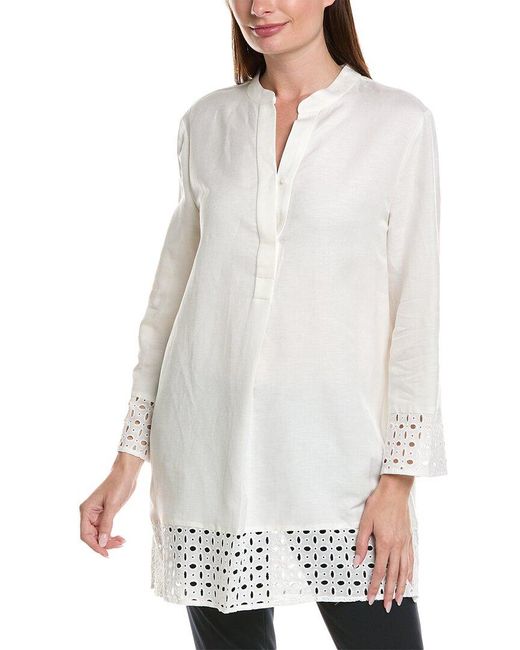 Anne Klein White Nehru Linen-blend Tunic