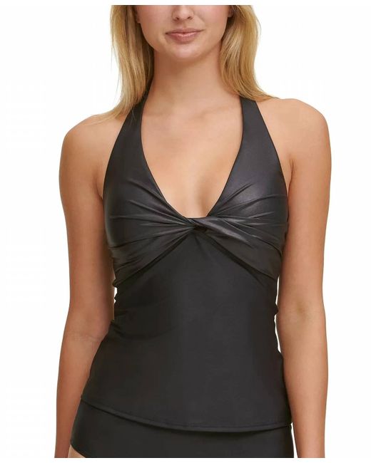 DKNY Black Front Halter Tankini Swimsuit Top