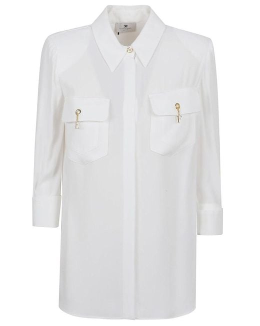 Elisabetta Franchi White Three-Quarter Sleeve Shirt With Flap Pockets
