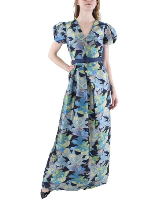 Kay Unger Blue Floral Pleated Evening Dress