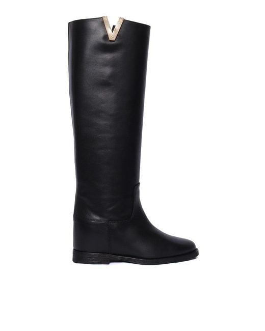 Via Roma 15 Black Tall Leather Boots With-Tone Accent