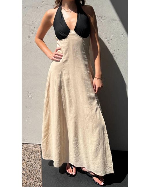 Beige Botany Natural Linen Color Block Halter Dress