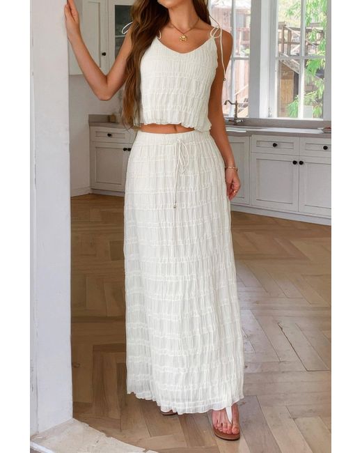 TRUEDAMES Natural Solid Two Piece Strappy Maxi Skirt Crop Top Set