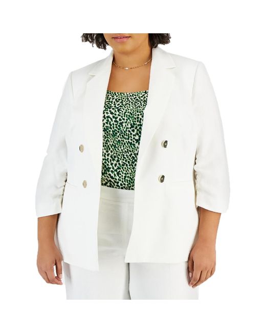 BarIII White Plus Ruched Linen Open-Front Blazer
