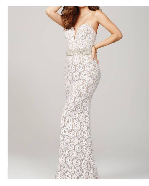 Jovani White Strapless Lace Gown
