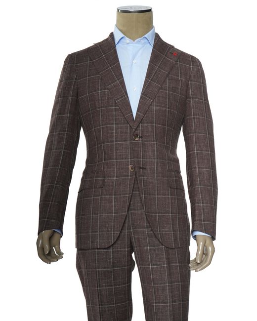 Isaia Brown Double Windowpane Wool-Silk-Linen Suit for men