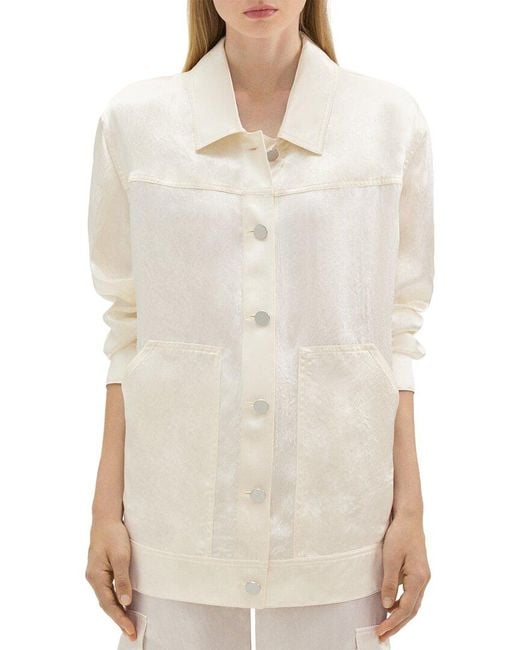 Theory White Oversized Trucker Crushed Silk Jacket