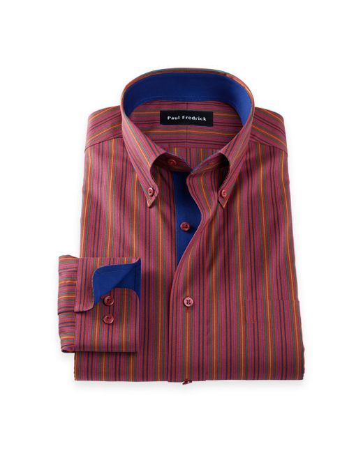 Shirts For Paul Fredrick Men's Slim Fit Non-Iron Stripe Dress Shirt -  Comfort Stretch Fabric | Neck & Sleeve Sized | Point Collar, Button Cuffs  Comfort Stretch Business Shirt