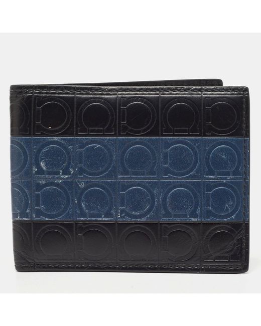 Ferragamo Blue Logo Embossed Leather Bifold Wallet for men