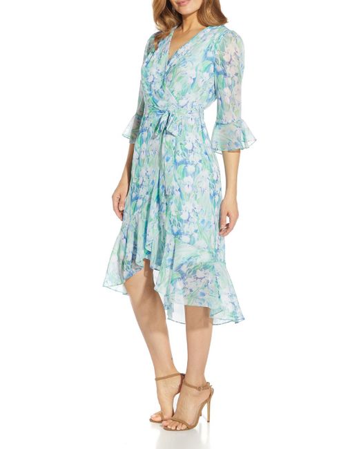 Adrianna Papell Blue Chiffon Floral Print Cocktail And Party Dress