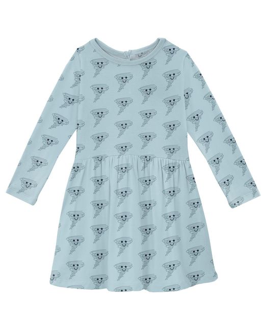 KICKEE Blue Girl's Long Sleeve Twirl Dress With Pockets