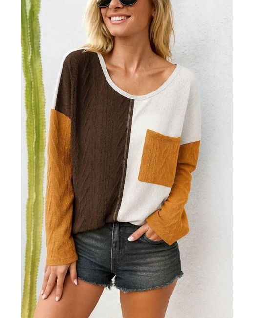 Thomas & Co Brown Colorblock Patchwork Top