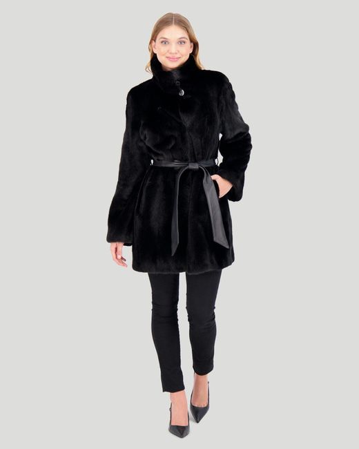 Gorski Black Mink Jacket With Stand Up Collar And Leather Belt