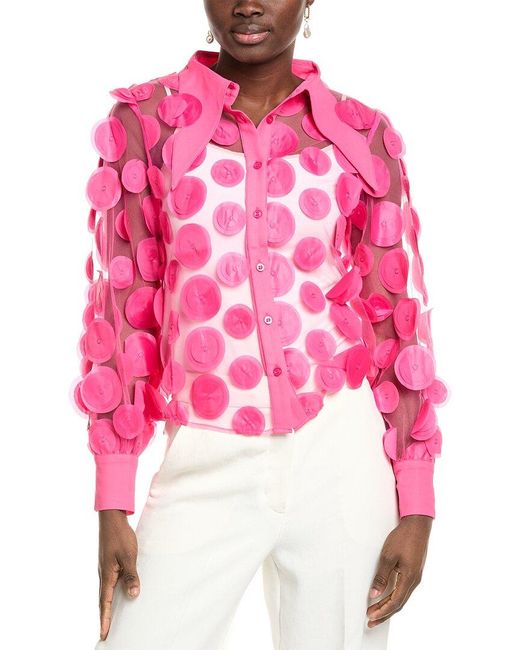 Gracia Pink Statement Collar Puff Sleeve Button-Down Top