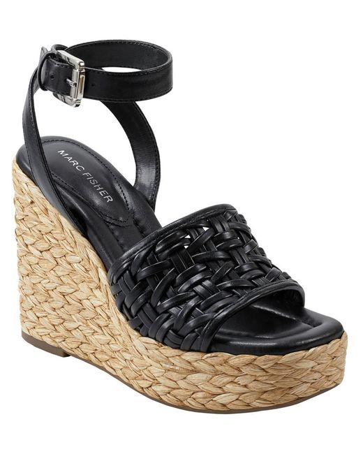 Marc Fisher Black Godina Faux Leather Ankle Strap Wedge Sandals
