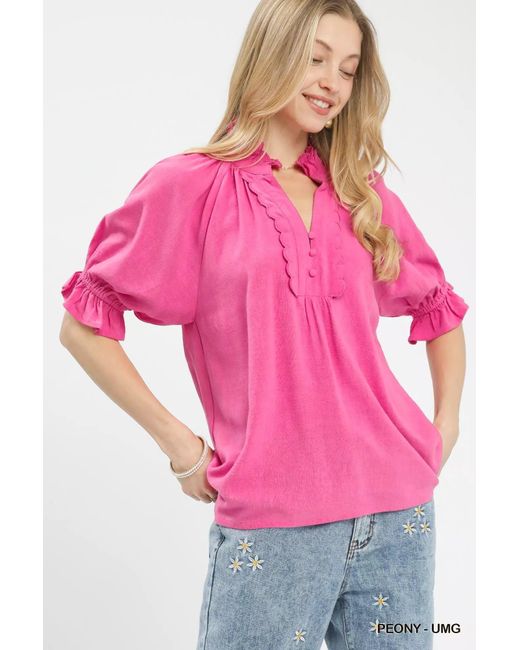 Pink Ruffle Neck Blouse TRUEDAMES Linen Scalloped Ruffle Neck Blouse in Pink | Lyst