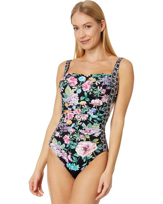 Johnny Was Black Floral Ruched One-piece Swimsuit