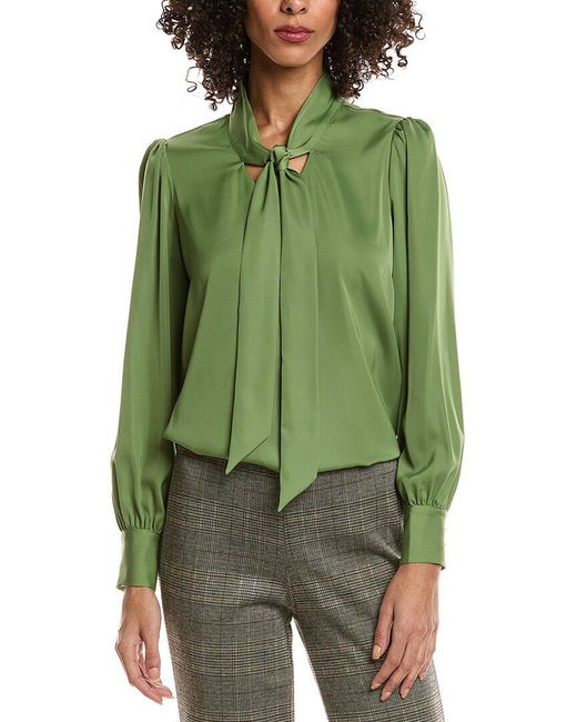 Tahari Green Bow Neck Tie Blouse