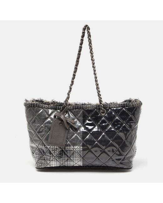 Chanel Black Quilted Vinyl And Tweed Funny Patchwork Tote