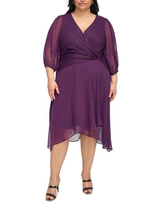 DKNY Purple Plus Faux Wrap Polyester Fit & Flare Dress
