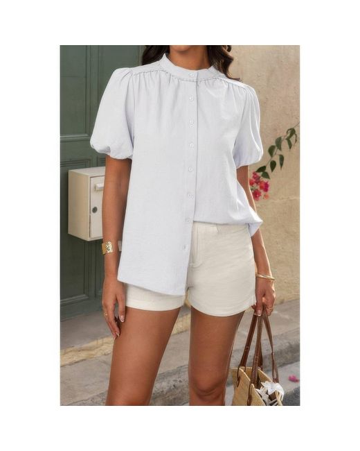 TRUEDAMES White Button Down Lantern Puff Short Sleeve V Neck Top