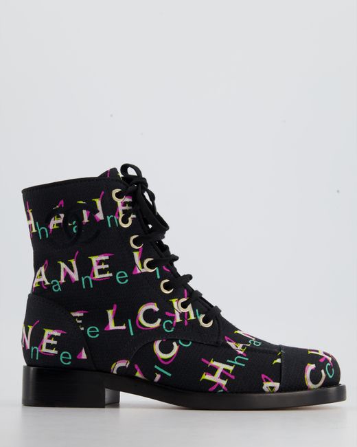 Chanel Black Multicolour Canvas Logo Boots