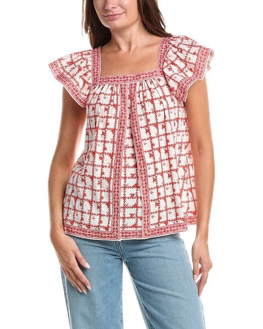 Max Studio Red Square Neck Flutter Sleeve Blouse