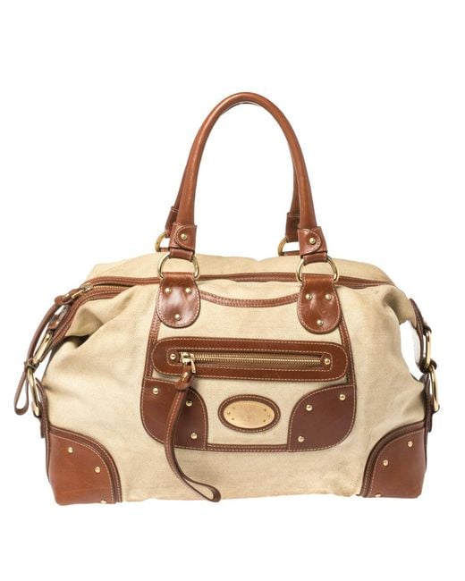 Bally /brown Canvas And Leather Zip Pocket Satchel