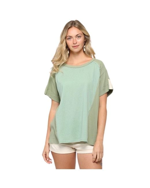 TRUEDAMES Green Ribbed And Solid Mixed Raw Edge Top