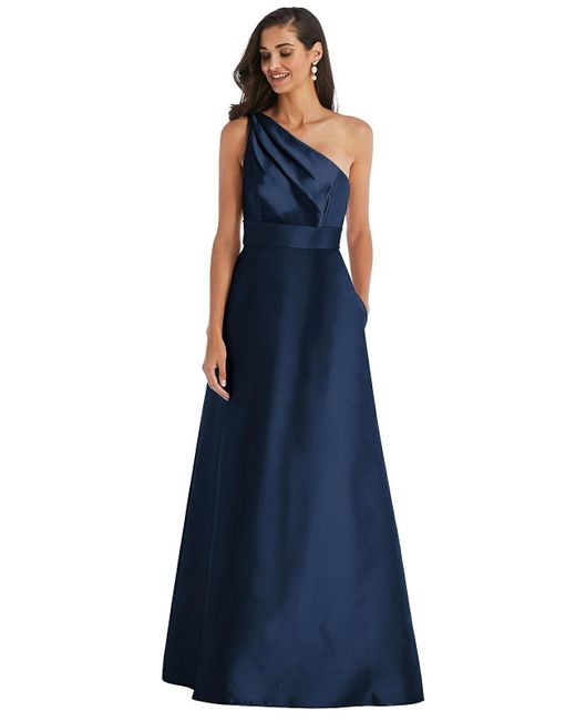 Alfred Sung Blue Draped One-shoulder Satin Maxi Dress With Pockets
