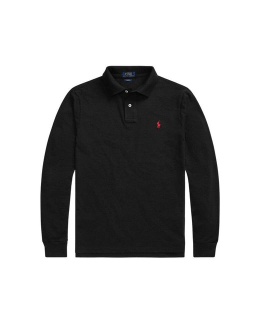 Polo Ralph Lauren Black Long-Sleeve Cotton Polo With Embroidered Logo for men