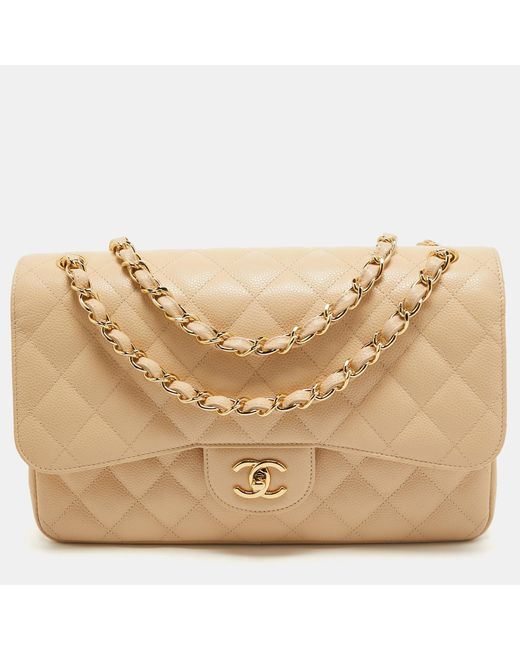 Chanel Natural Light Quilted Caviar Leather Jumbo Classic Double Flap Bag