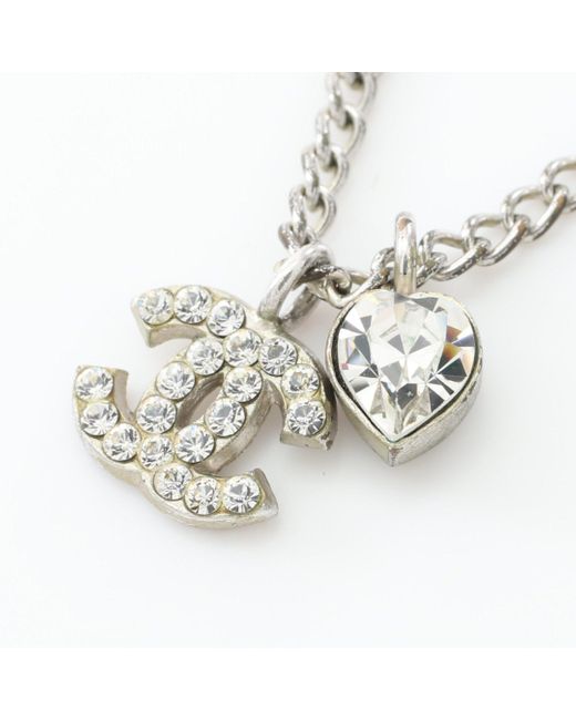 Chanel Metallic Coco Mark Heart Necklace Rhinestone Silver Clear 04a